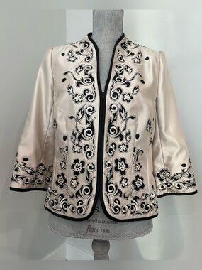 JS Collections Size 10 Evening Jacket Embroidered Beads Satin Cream Black